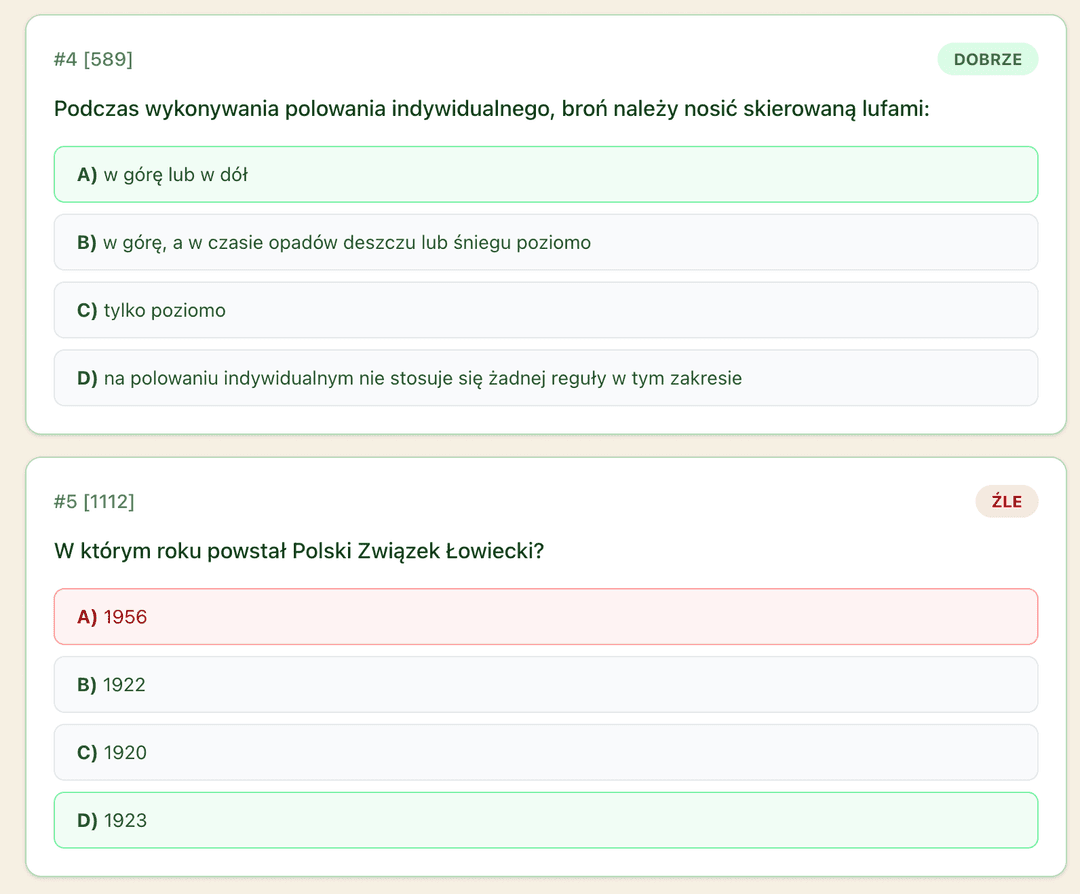 Przegląd odpowiedzi — poprawne i błędne pytania z zaznaczonymi prawidłowymi odpowiedziami