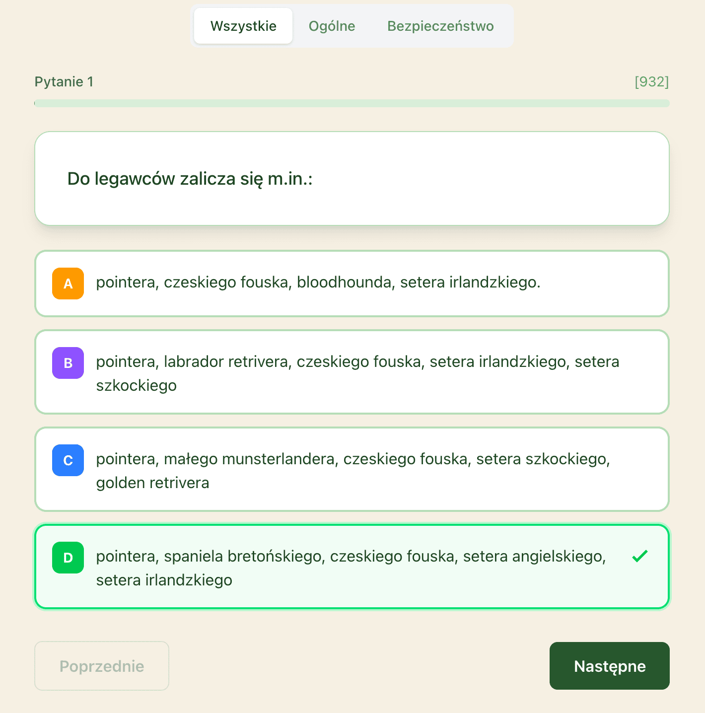 Tryb nauki — pytanie z zaznaczoną prawidłową odpowiedzią